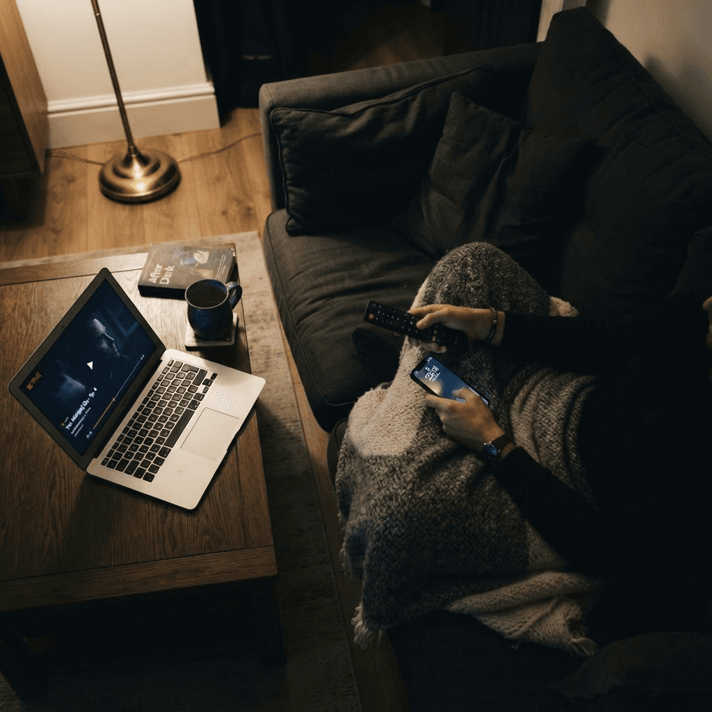 Dark sofa at night with a phone glowing, a TV remote, and a paused streaming episode on a laptop