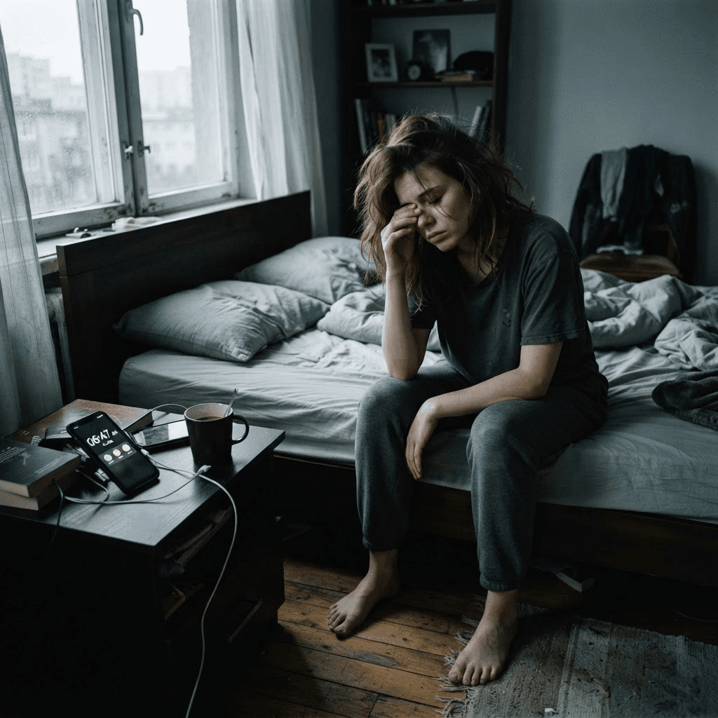 Exhausted person sitting on the edge of the bed in grey morning light rubbing their eyes next to a phone alarm