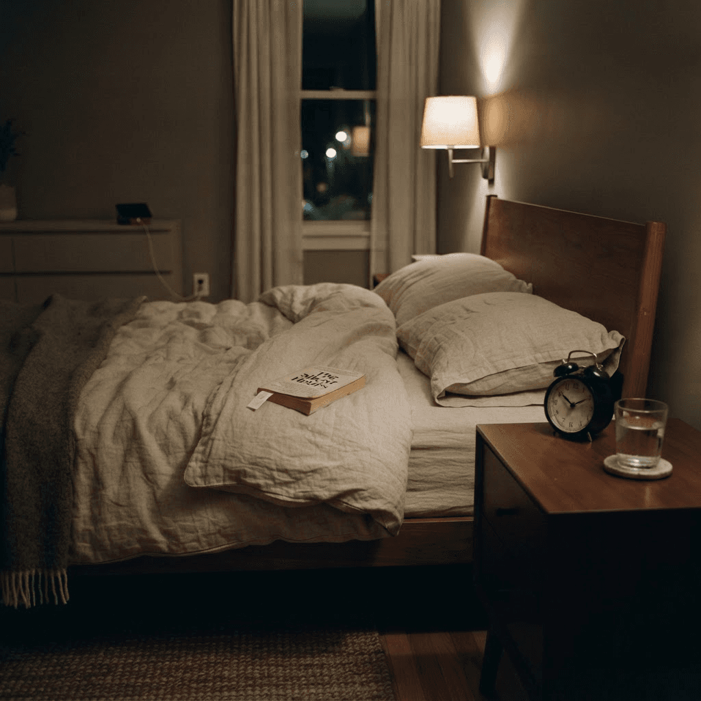 Calm dim bedroom set up for sleep with an analog alarm clock and water on the nightstand and the phone charging on a dresser far away
