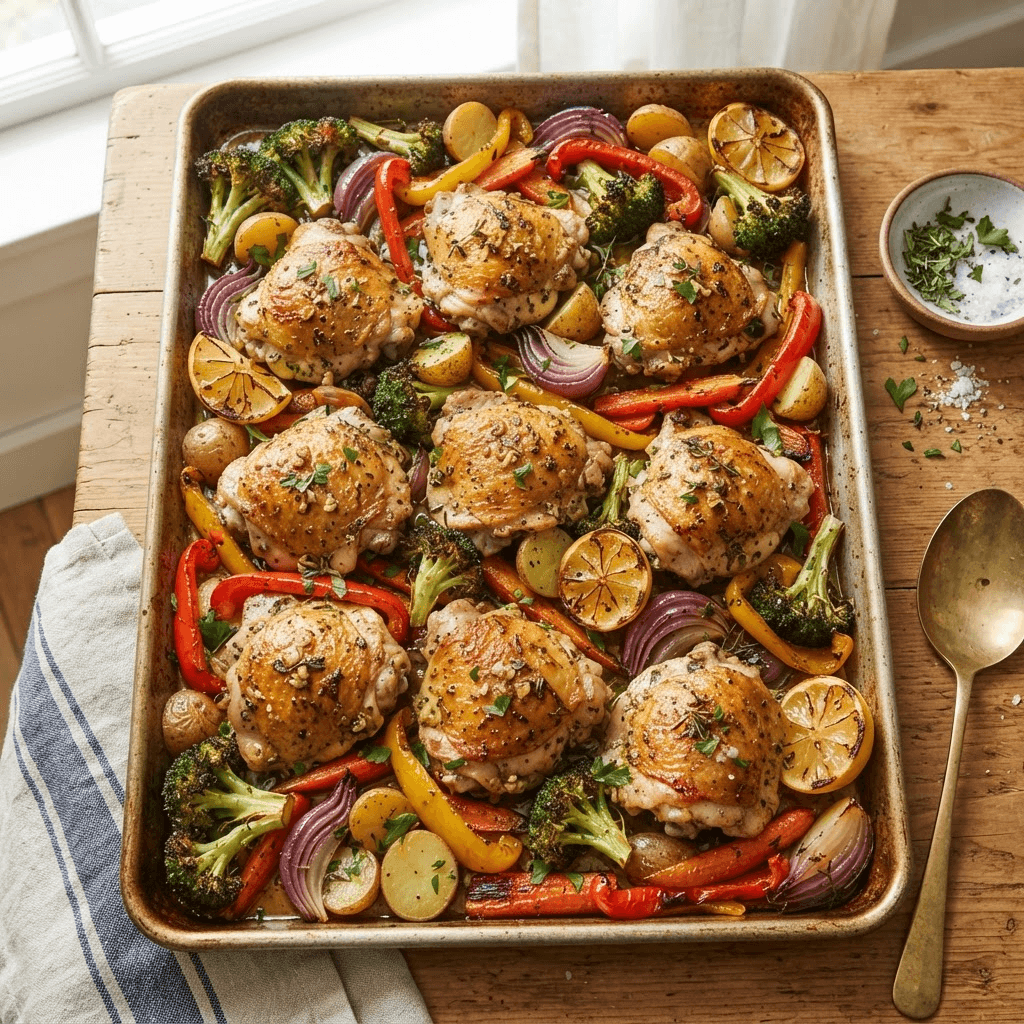 Overhead view of a sheet pan filled with golden garlic-herb roasted chicken thighs and colorful roasted vegetables