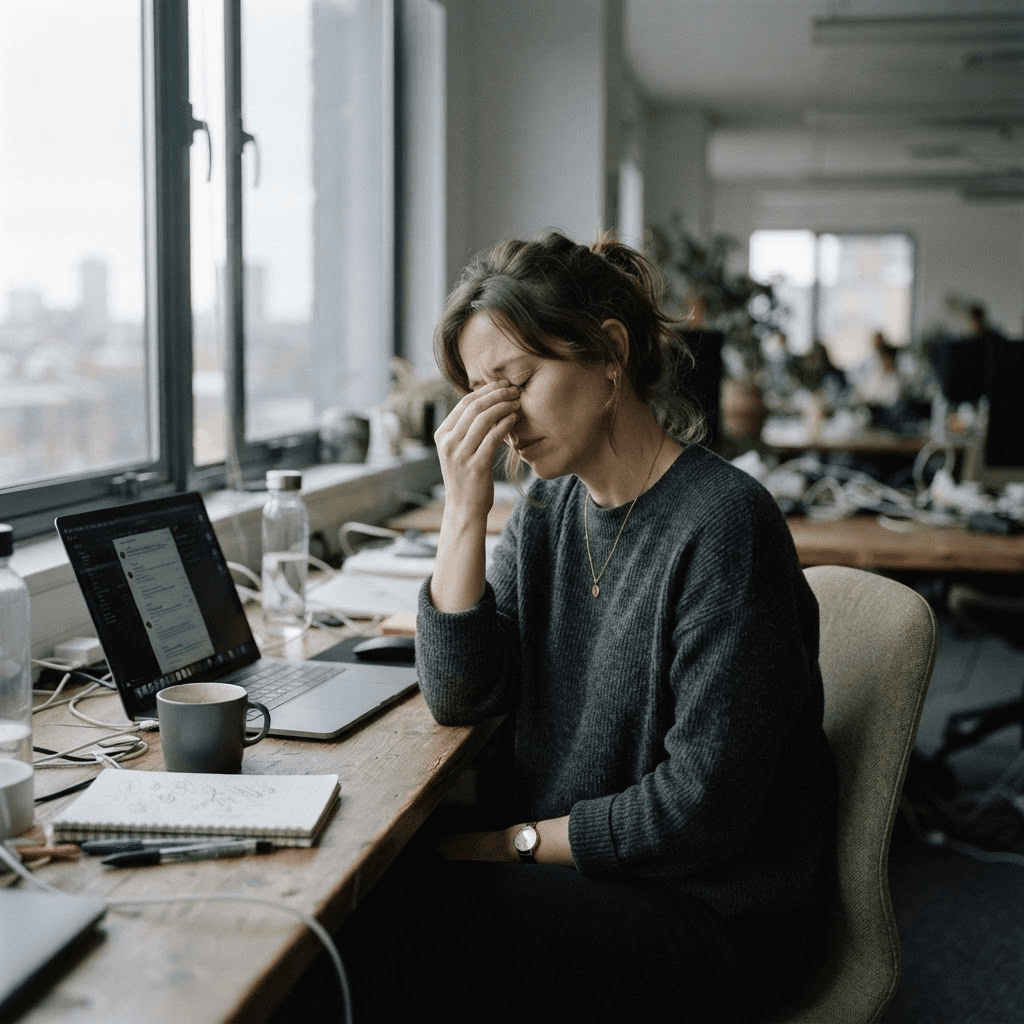 Tired office worker rubbing their eyes at a desk in mid-afternoon cool grey daylight, showing the effects of accumulated sleep debt
