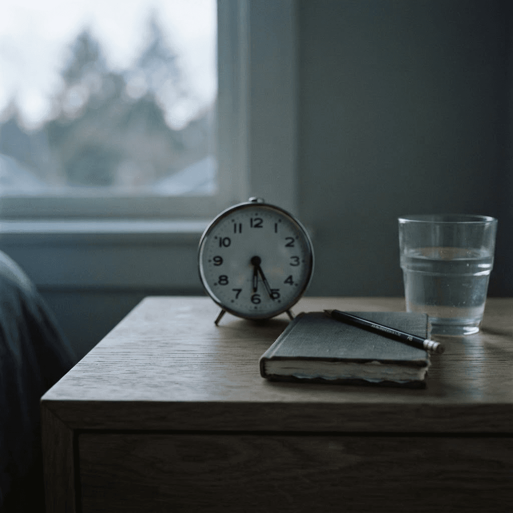 Analog alarm clock on a wooden nightstand in early morning grey light beside a notebook and glass of water, illustrating a fixed wake-up time