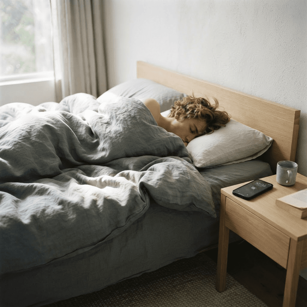 Person sleeping in late on a weekend morning under a grey duvet with bright daylight across the bed and a silenced phone alarm nearby