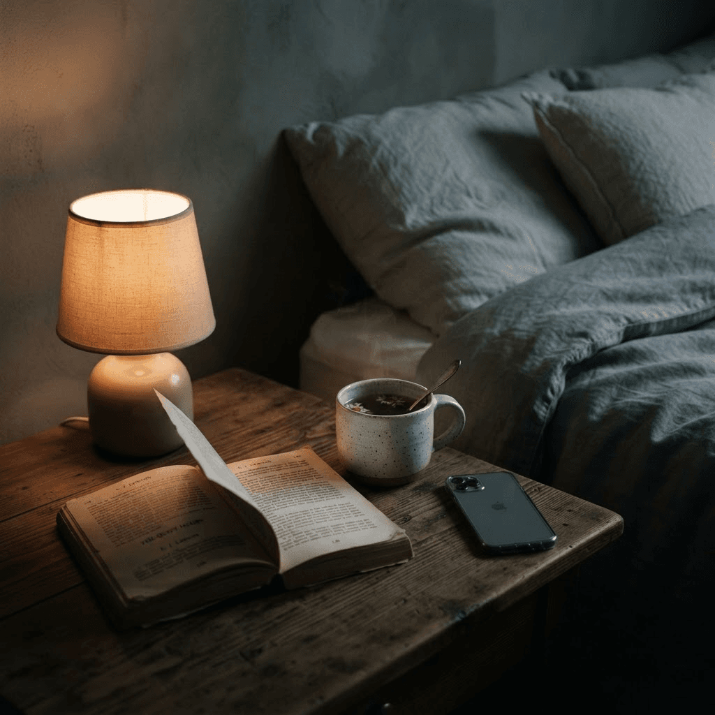 Calm evening wind-down scene with a low warm bedside lamp, an open paperback book face down, a cup of herbal tea and a phone turned face down