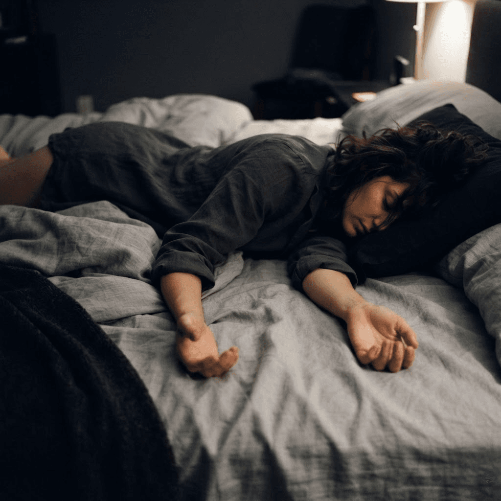 Relaxed shoulders and hands resting loosely on grey bedsheets with palms up in dim night light, showing full-body release during the military sleep method