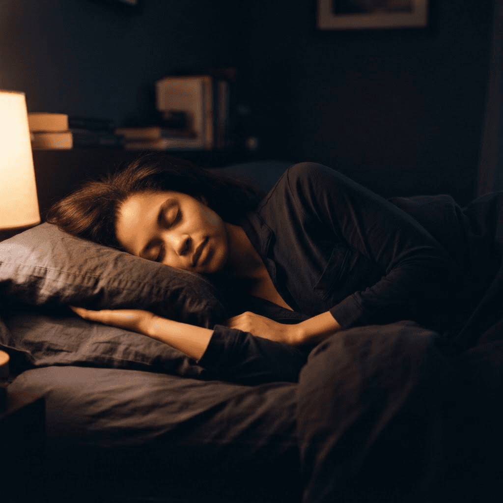 Person lying in bed at night breathing slowly with chest gently rising, illustrating the controlled breathing step of the military sleep method