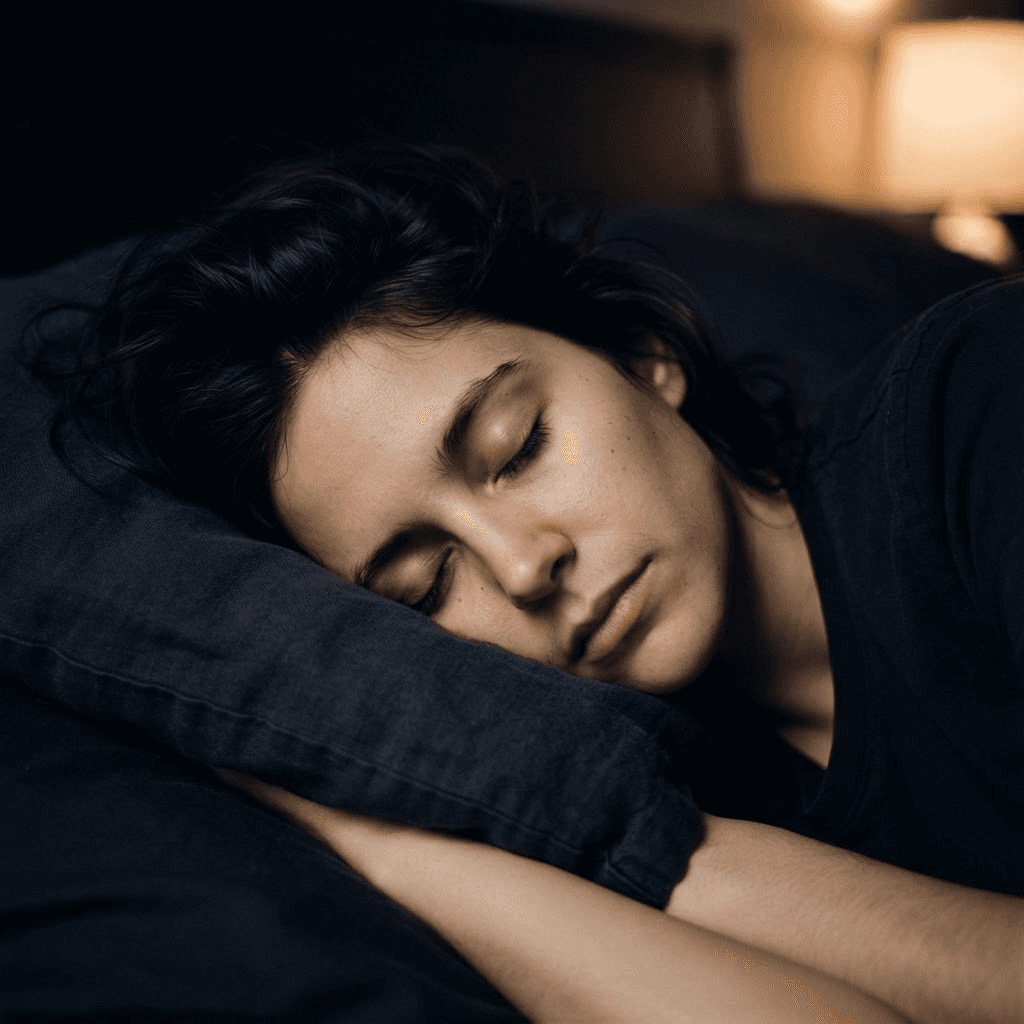 Close-up of a relaxed face resting on a pillow at night, jaw slack and forehead smooth, demonstrating the first step of the military sleep method