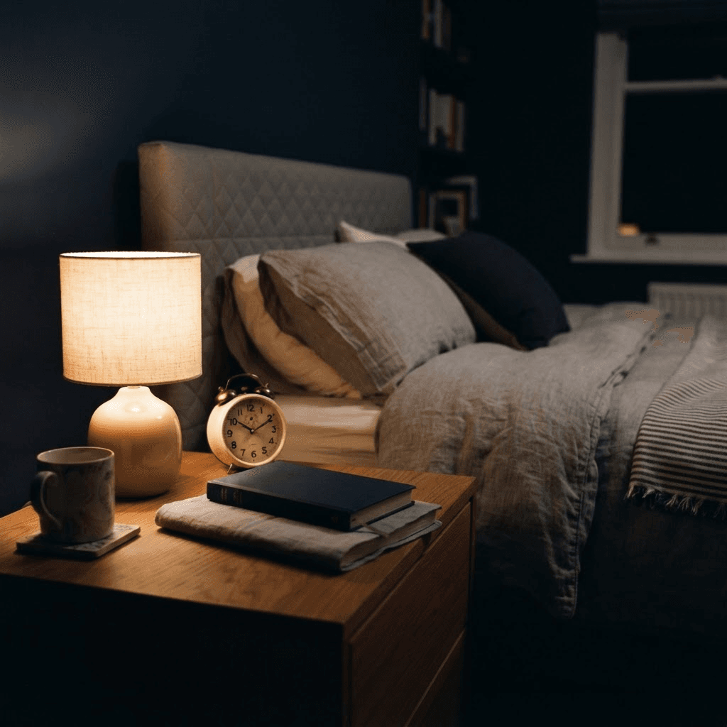 Calm bedside table with a dim lamp, small clock and folded book beside a made bed at night, representing a consistent nightly military sleep method practice