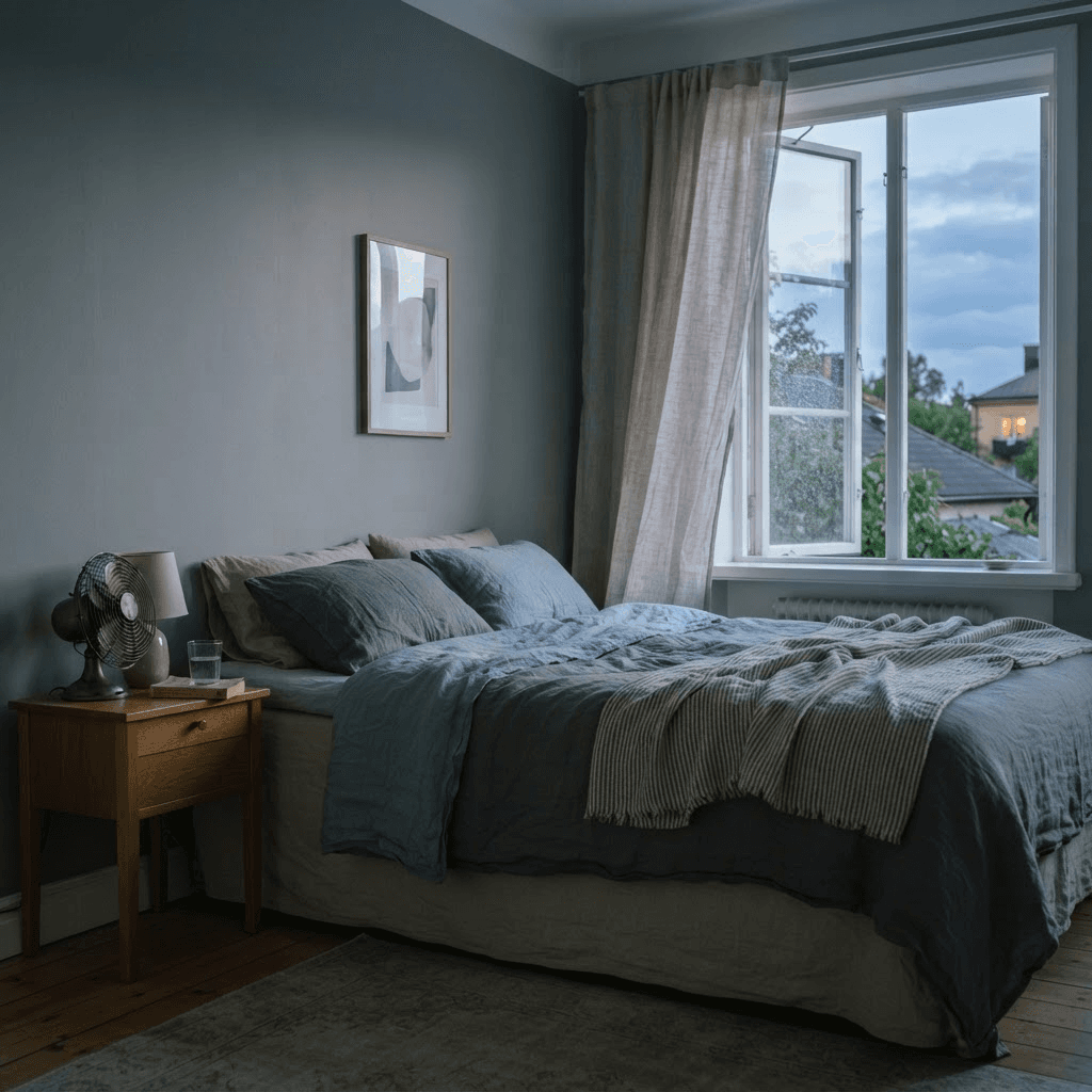 A quiet bedroom with a small fan on the nightstand and a partly open window letting in cool evening air, in soft slate-grey tones