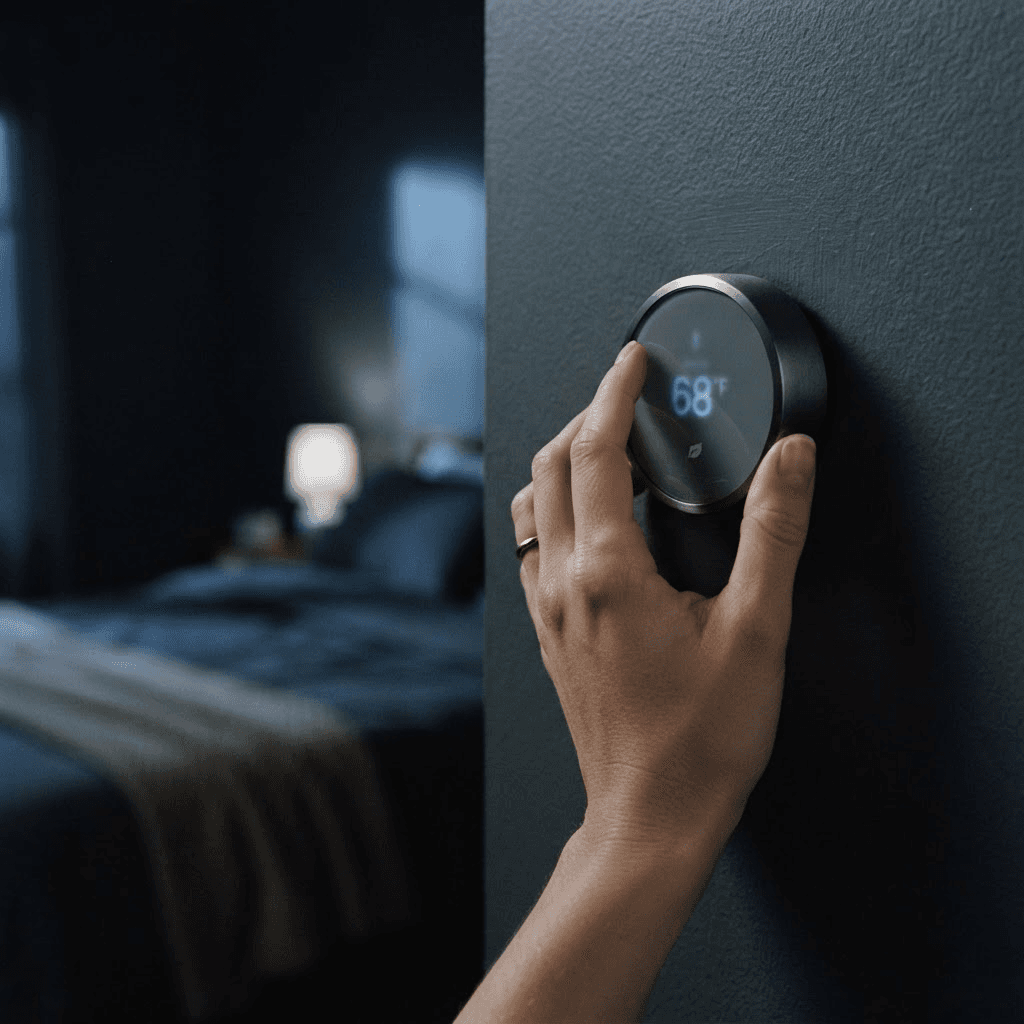 A hand adjusting a round wall thermostat in a dim bedroom at night in cool slate-grey light