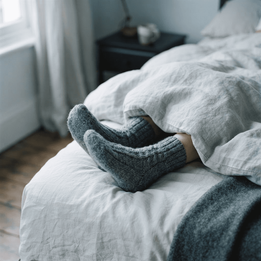 Feet in soft knitted wool socks peeking out from under a light grey duvet in cool morning light