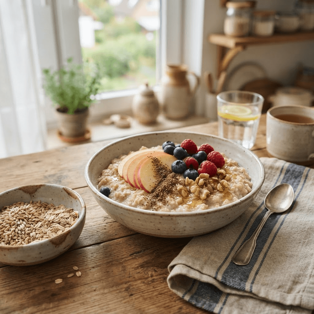Oatmeal topped with apples, berries, ground flaxseed and walnuts beside dry oats and barley