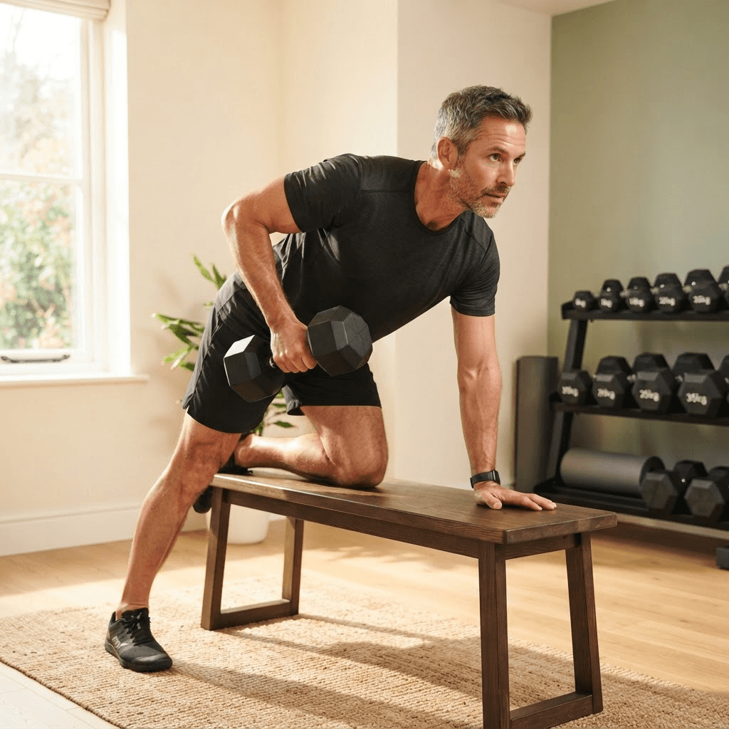 Man performing a one-arm dumbbell row braced on a bench with a flat back during a beginner full body workout