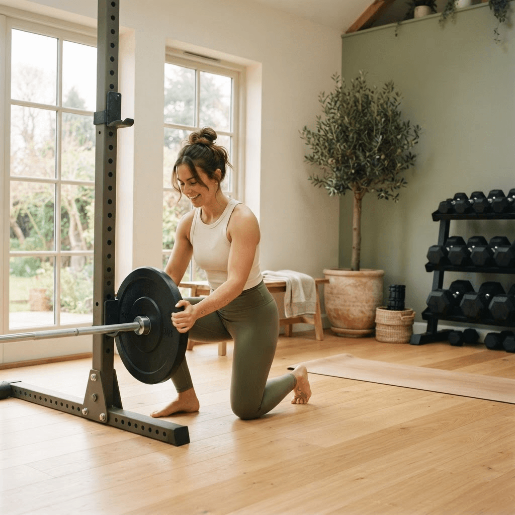 Beginner lifter loading a weight plate onto a barbell in a bright home gym