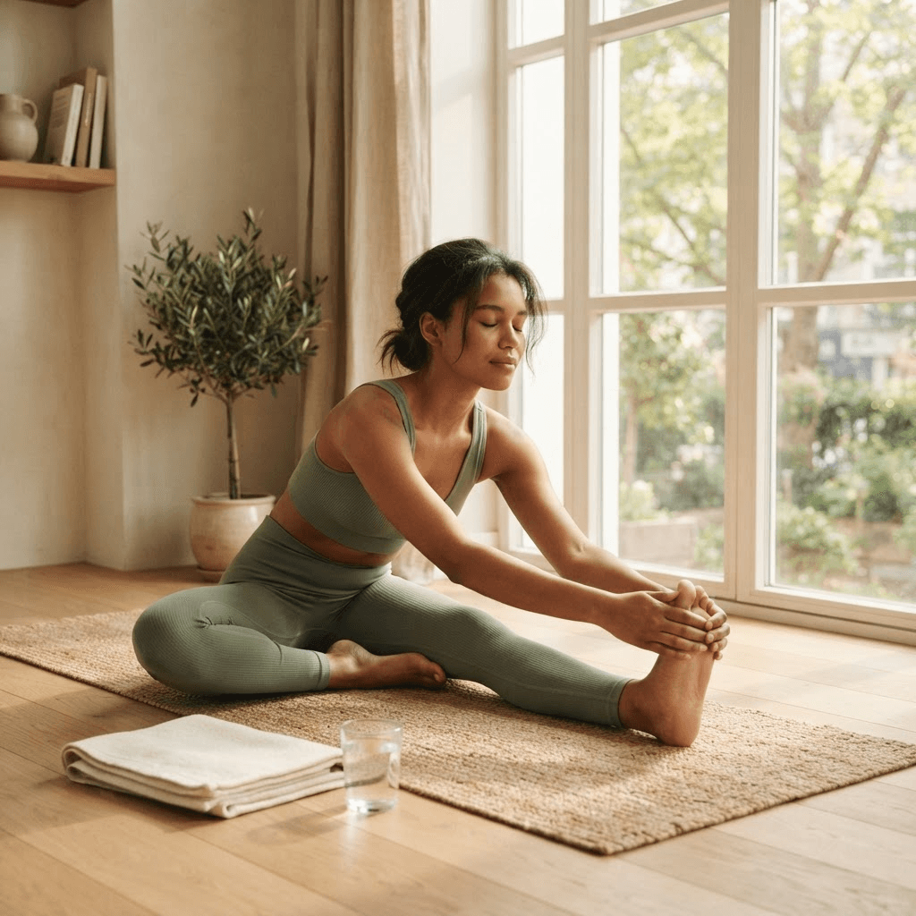 Person stretching on a yoga mat during a rest day muscle recovery and mobility session at home