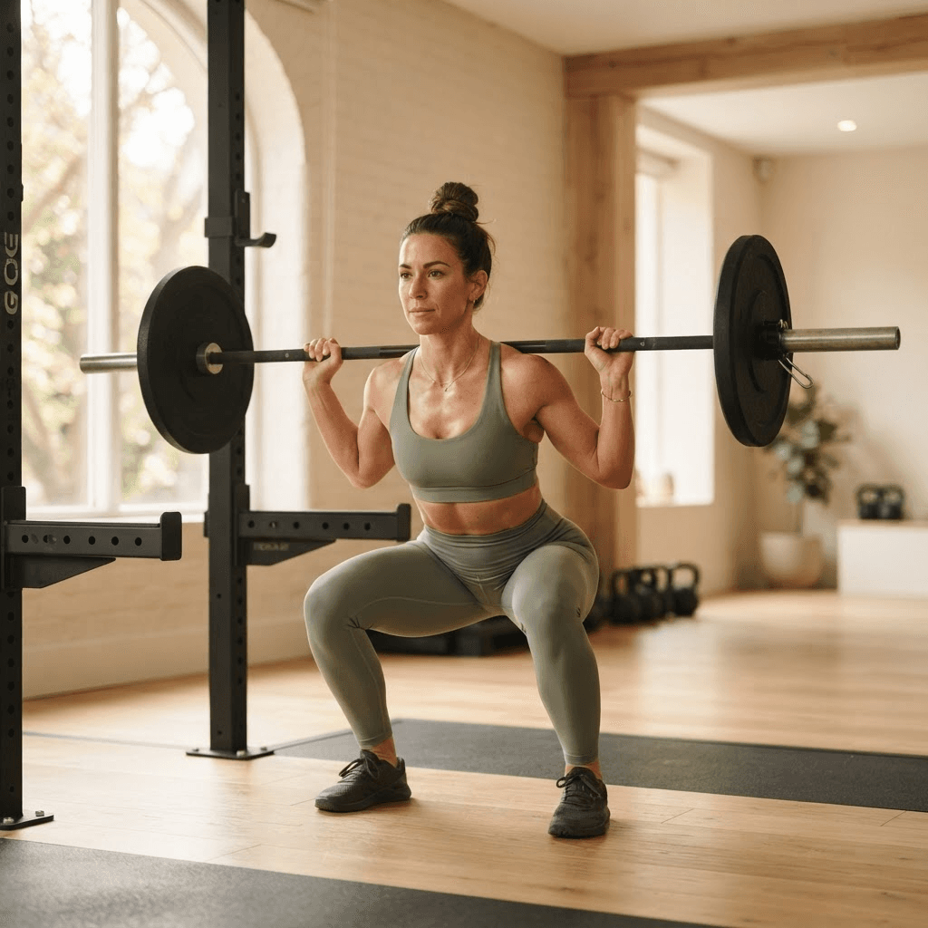 Beginner woman demonstrating correct barbell back squat form with knees tracking over her toes and a neutral spine