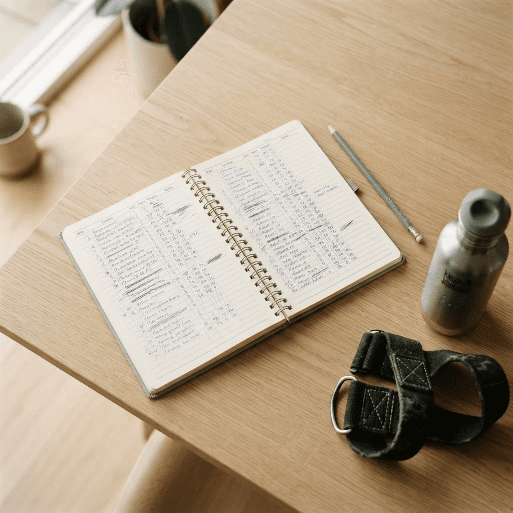 Handwritten strength training log notebook tracking progressive overload, beside dumbbells and a water bottle on a bench