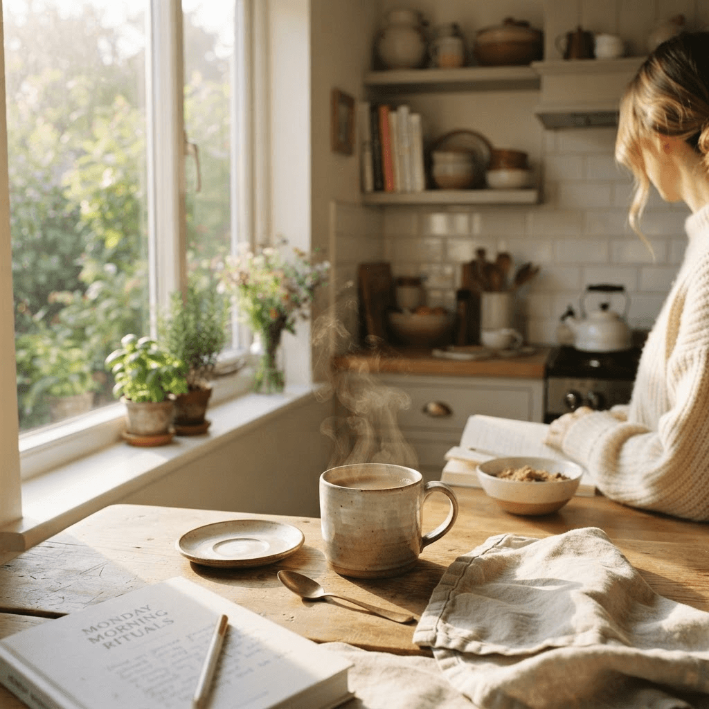 Bright sunlit kitchen on Monday morning with a steaming cup of coffee on the counter
