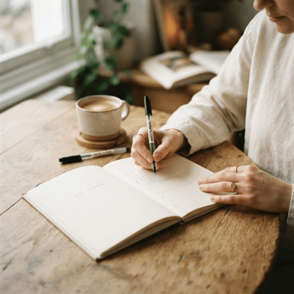 Hands writing in a weekly planner notebook at a wooden kitchen table with a cup of coffee on a Sunday afternoon