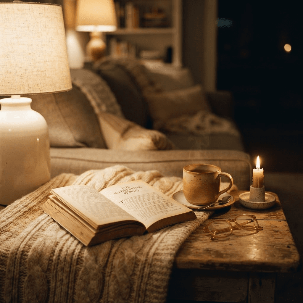 Cozy Sunday wind-down scene with an open book, a warm mug and a lit candle on a side table in soft lamplight