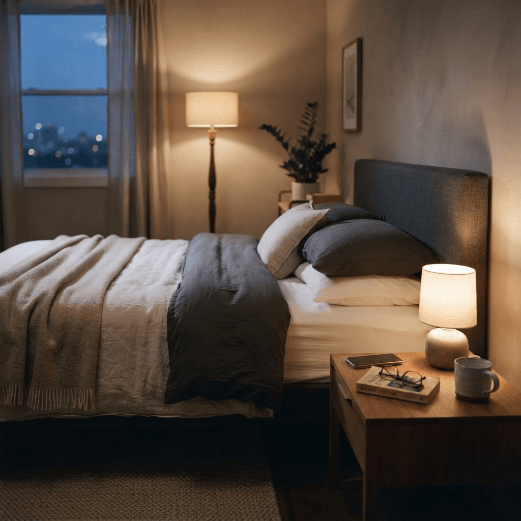 Calm tidy bedroom at night with a warm bedside lamp and a phone placed face-down on the nightstand