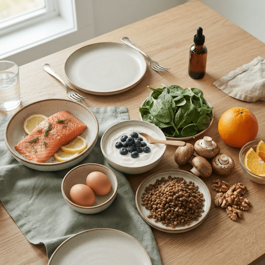 Salmon, eggs, yogurt, spinach, lentils, walnuts, mushrooms and an orange arranged beside a small vitamin bottle