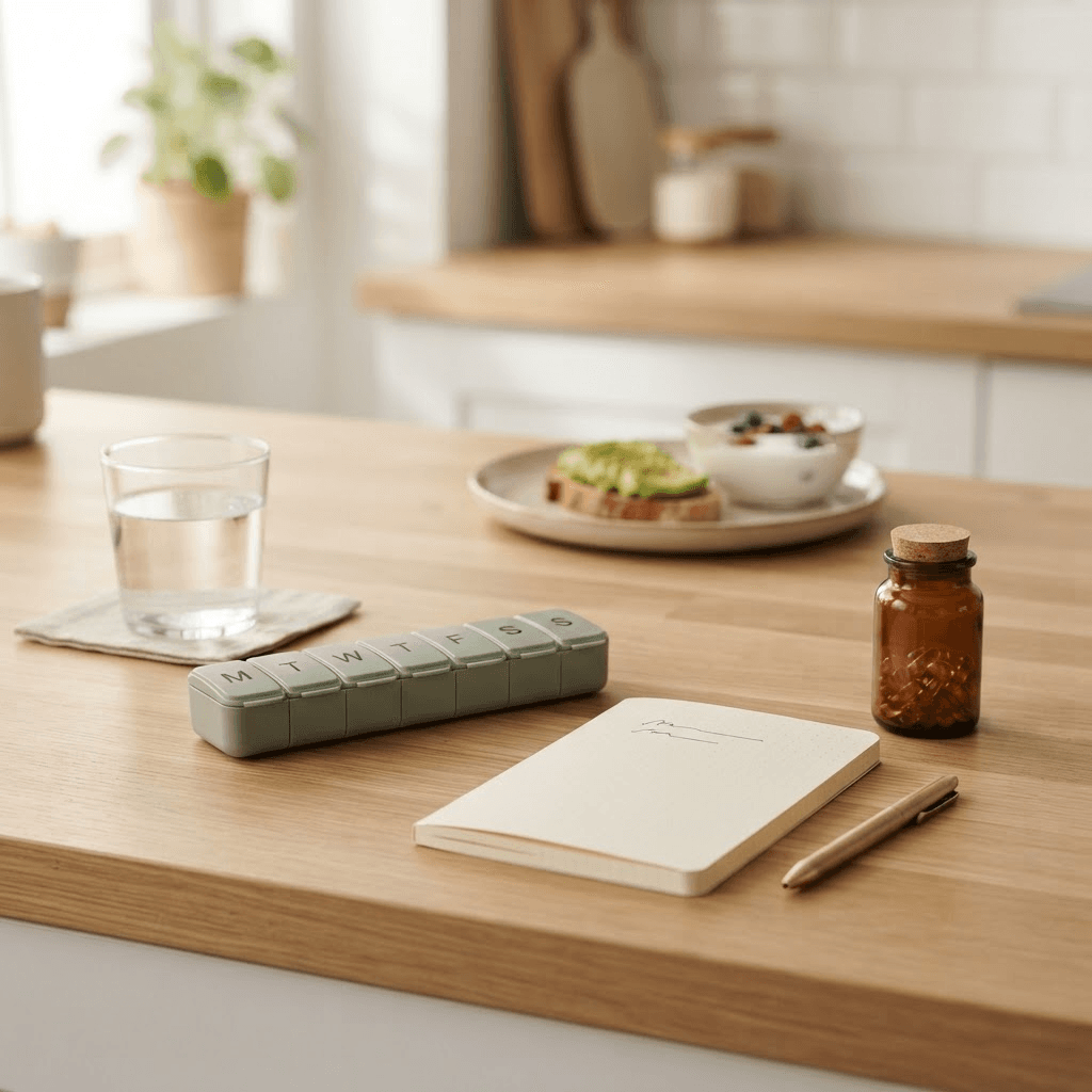 Weekly pill organizer beside water, a notebook and an unbranded vitamin D bottle on a kitchen counter