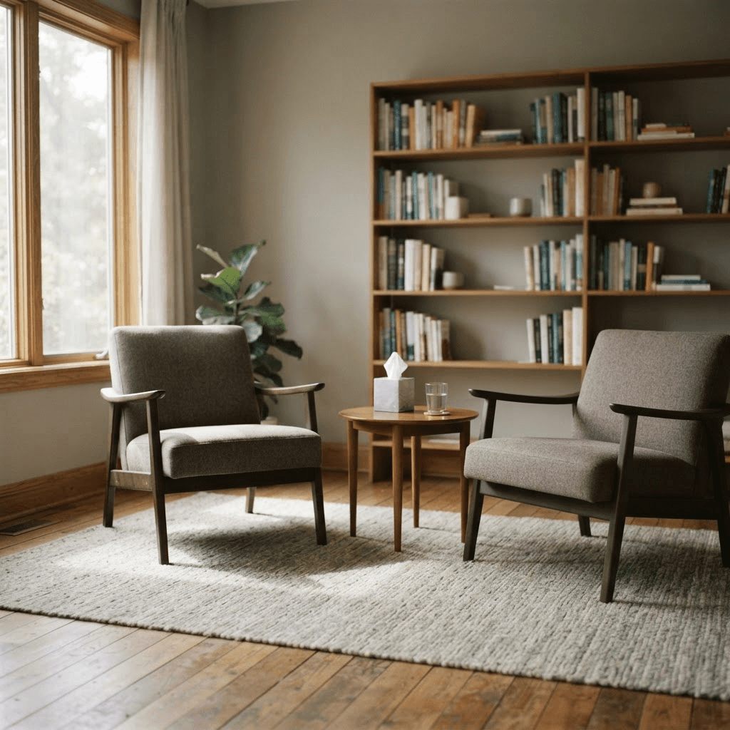 Two armchairs facing each other in a calm, sunlit therapy consulting room with a side table and bookshelf