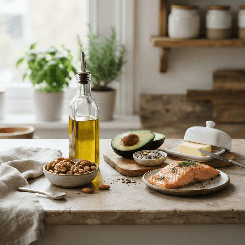 Olive oil, walnuts, almonds, avocado, salmon and seeds arranged beside a small butter dish