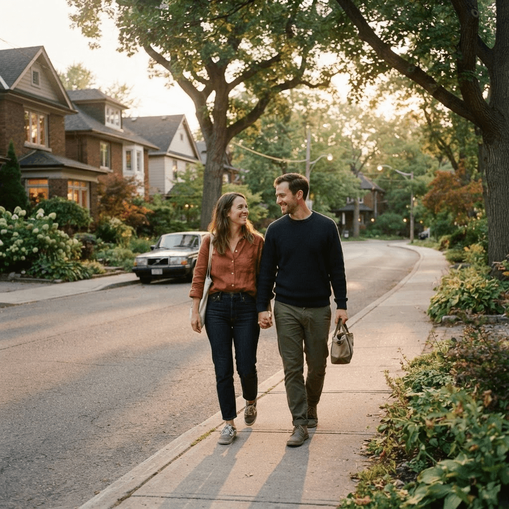 Couple taking a relaxed evening walk through a leafy neighbourhood after dinner in soft golden-hour light