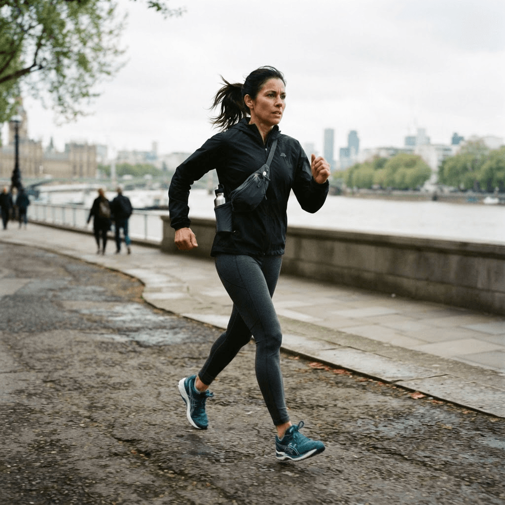 Woman in her 40s walking at a brisk, purposeful pace on a riverside path, leaning slightly forward with active arm movement