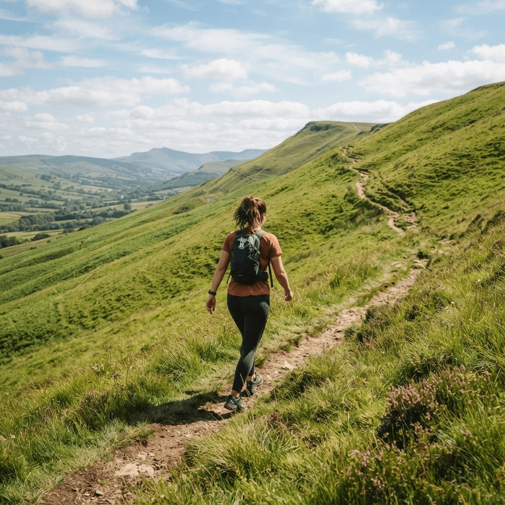 Person walking uphill on a grassy green hill trail on a bright day with a small backpack, showing effort and incline