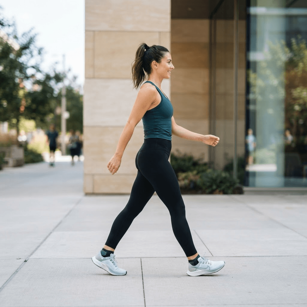 Side profile of a person demonstrating good upright walking posture on a city pavement with a tall spine and naturally swinging arms