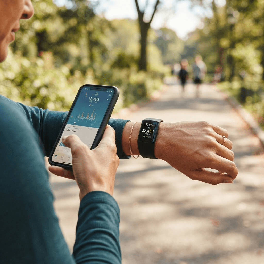 Close-up of a wrist wearing a fitness watch showing a step count next to a smartphone with a step-tracking app open, on an outdoor walking path