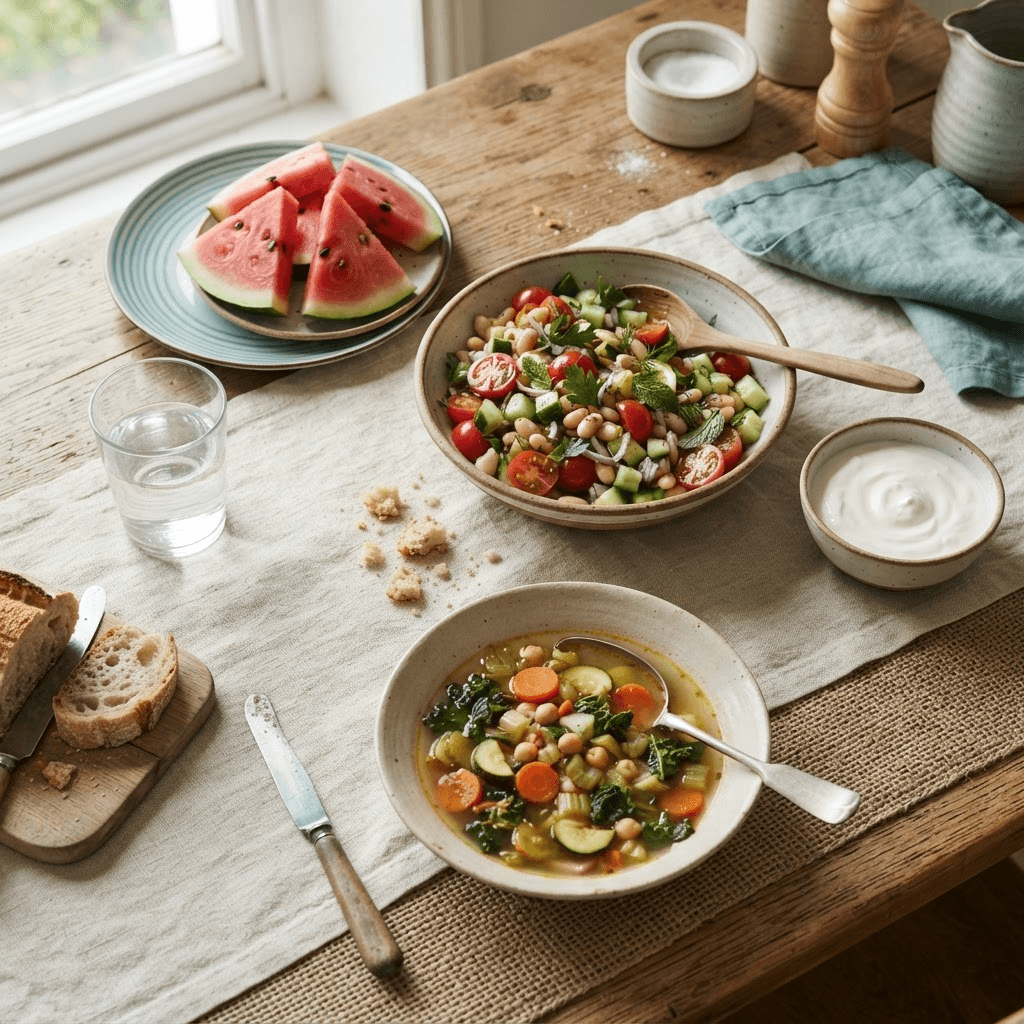 Tomato, cucumber and white bean salad served with vegetable soup, watermelon, yogurt and water