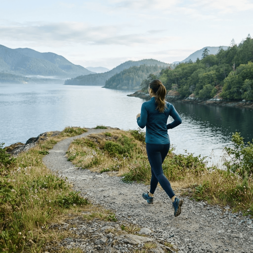 Person taking a brisk morning walk on a path beside water in activewear