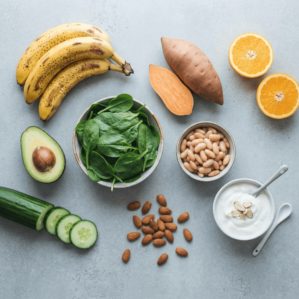Overhead flat lay of potassium-rich foods including bananas, avocado, spinach, sweet potato, beans and yoghurt
