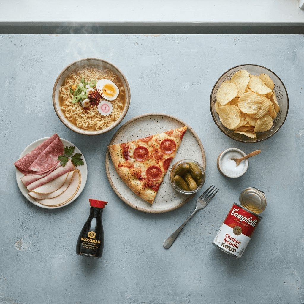 Overhead flat lay of high-sodium processed foods including instant noodles, canned soup, deli meat and crisps
