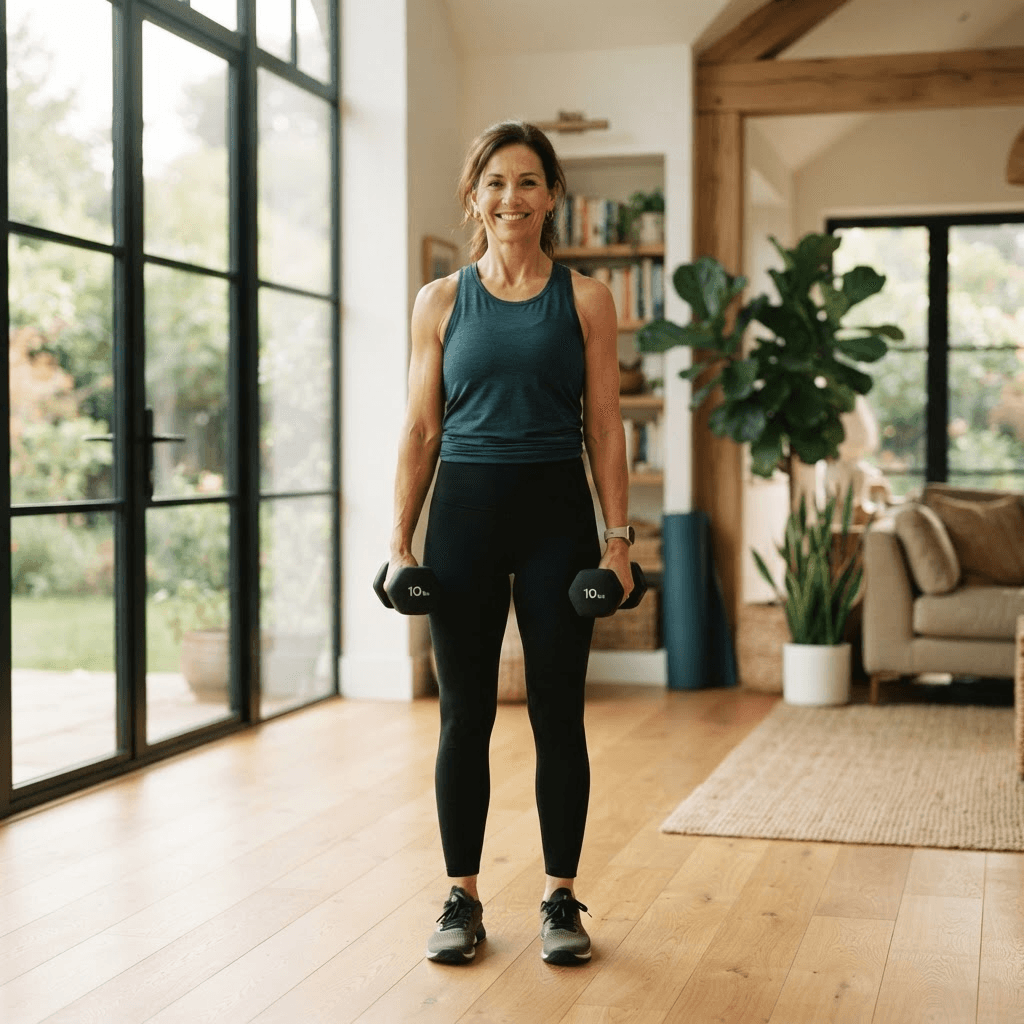 Confident woman in her late forties holding dumbbells in a bright, sunlit home