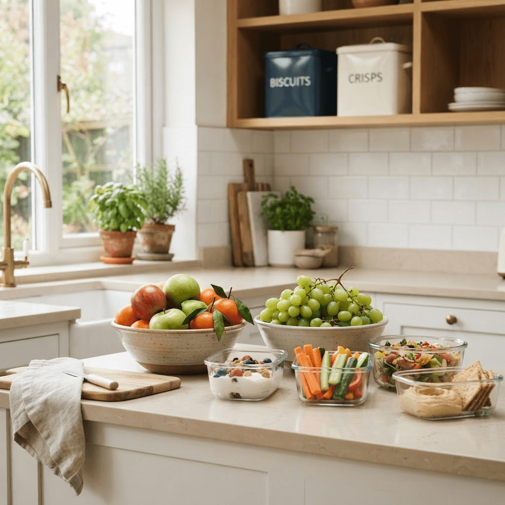 Organised kitchen counter with bowls of fruit at the front, prepped yoghurt and cut vegetables in glass containers, and biscuits in a closed tin on a high shelf