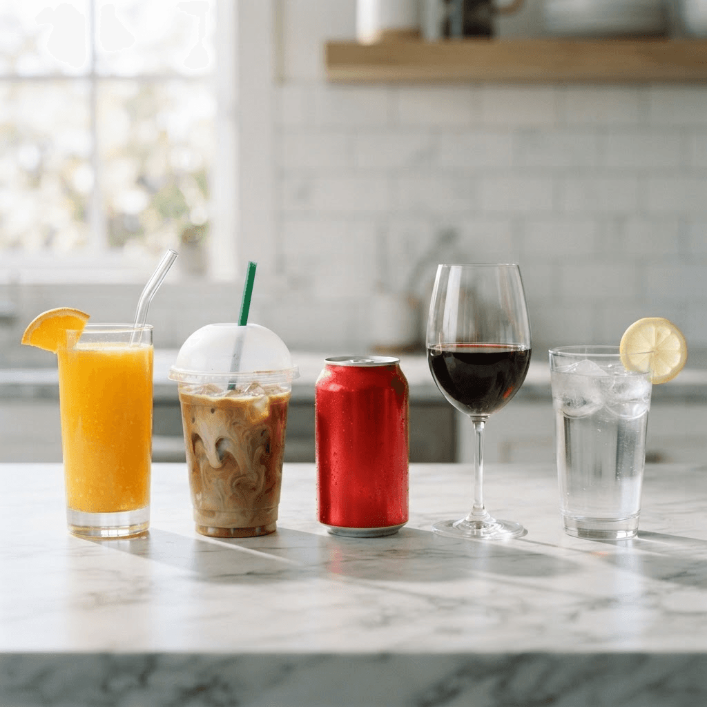 Row of everyday drinks on a marble counter: orange juice, iced coffee with cream, cola, red wine and water with lemon