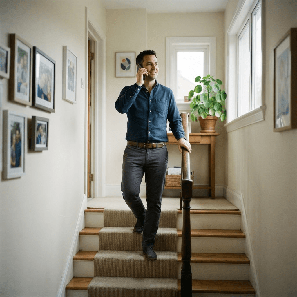 Man in work clothes walking up a domestic staircase while on a phone call in soft daylight