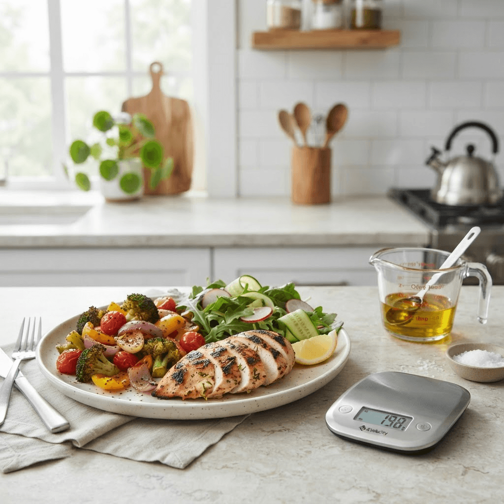 Balanced plate of grilled chicken, roasted vegetables and greens on a kitchen counter with a small digital food scale and measured olive oil