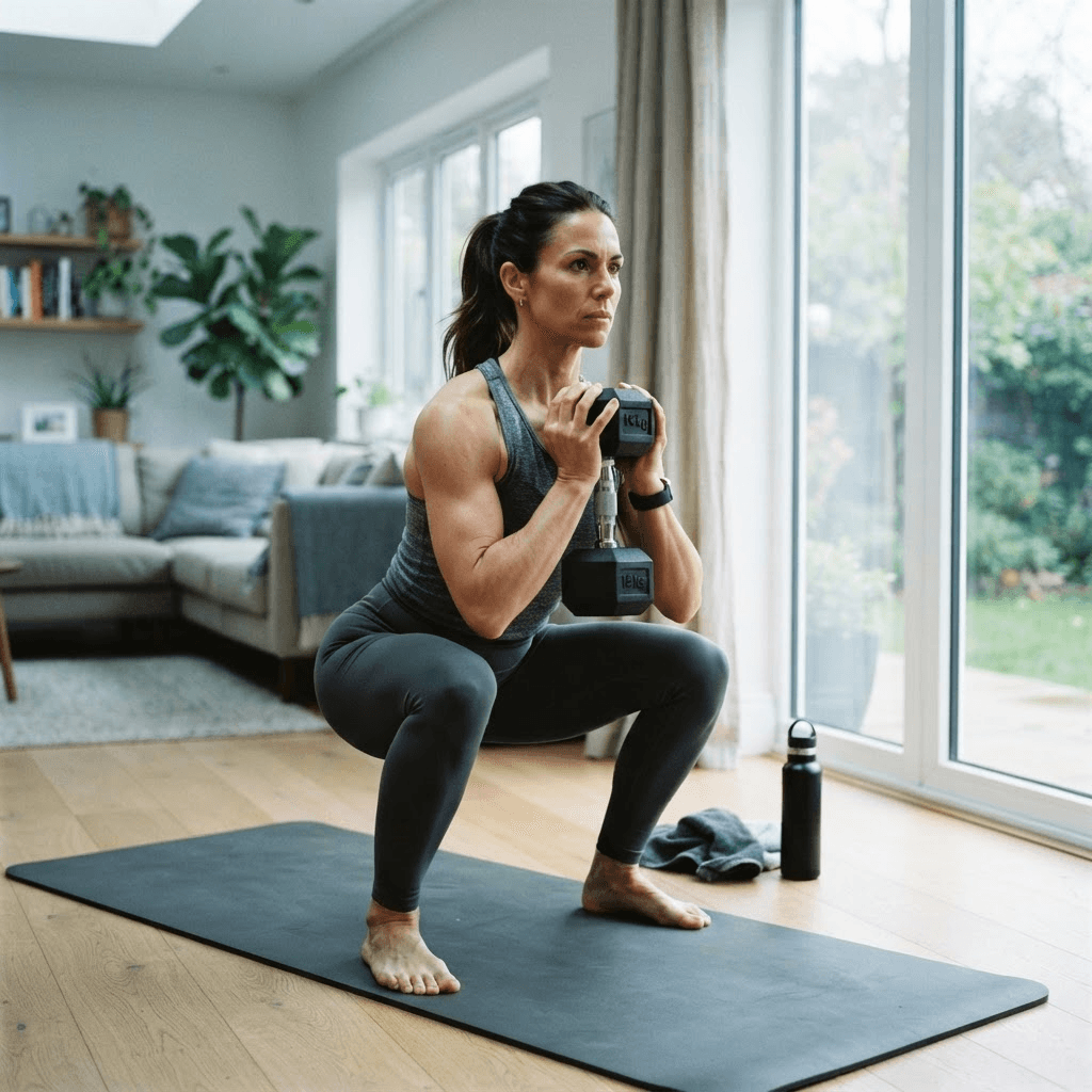Woman doing a dumbbell goblet squat at home in a bright living room with morning light