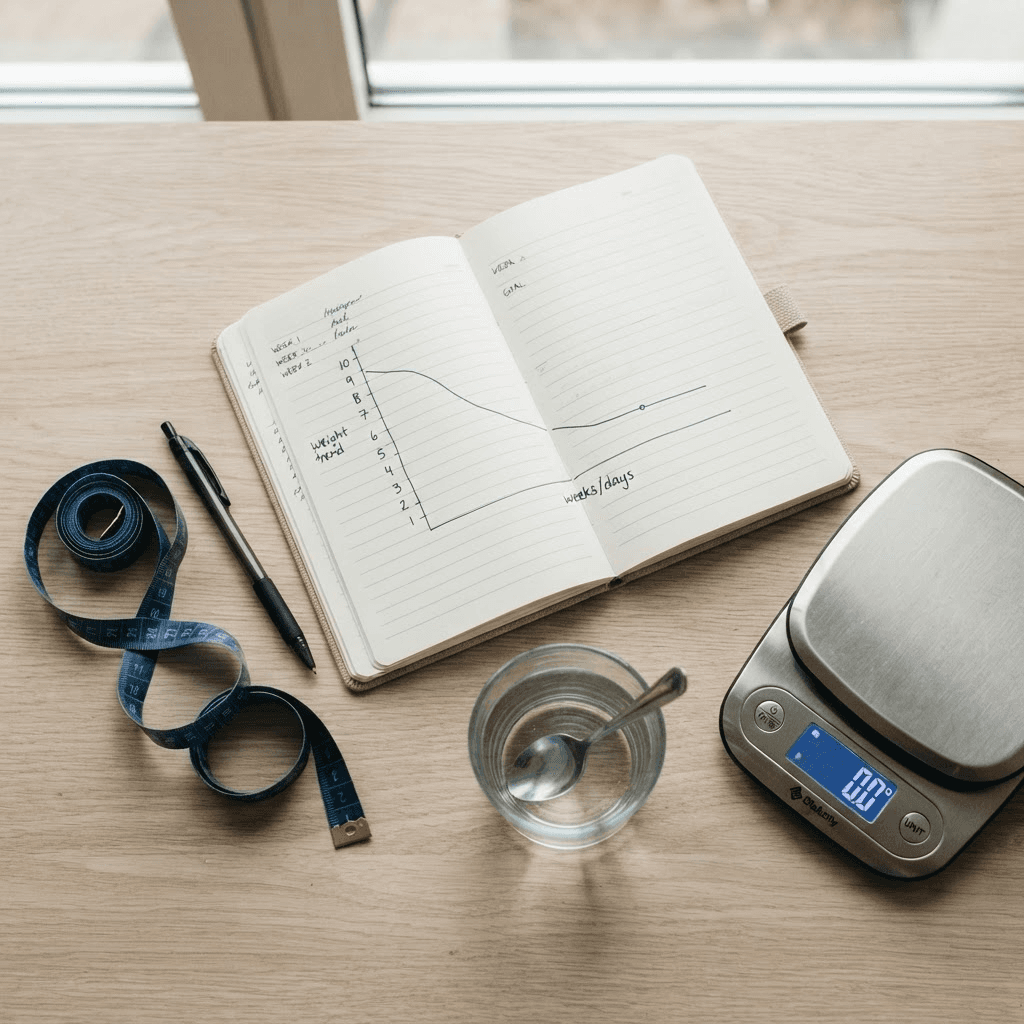 Open notebook showing a hand-drawn body-weight graph trending down then flattening, beside a tape measure, pen and glass of water