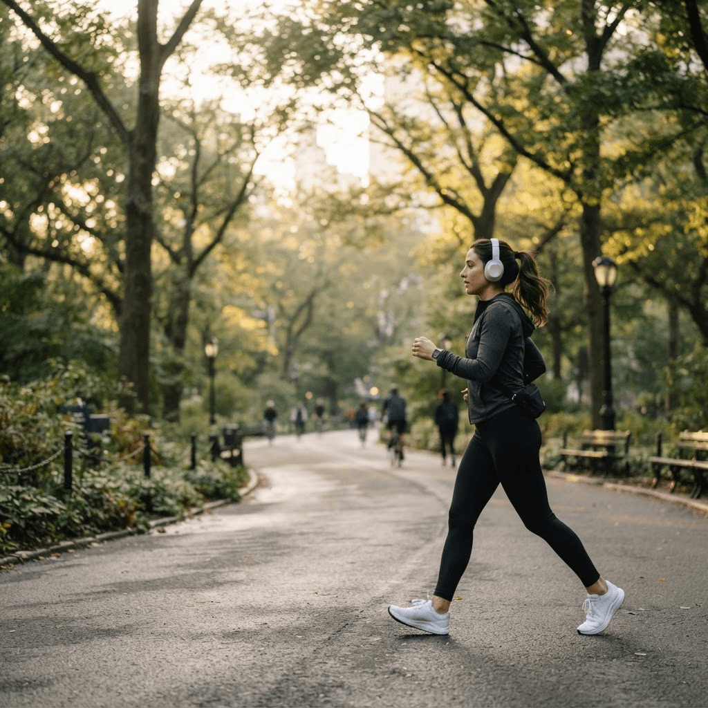 Person walking briskly along a tree-lined path in early morning light wearing casual activewear