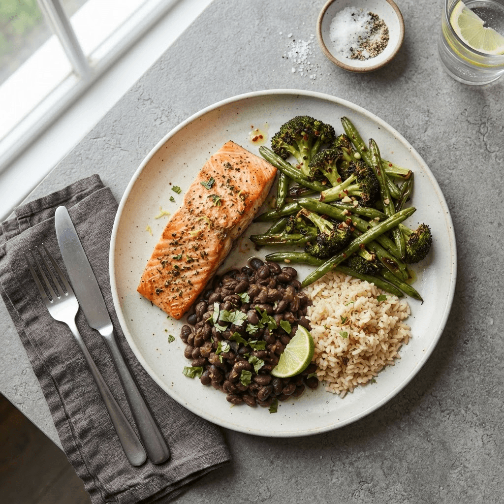 Overhead view of a plate with grilled salmon, roasted broccoli and green beans, black beans and brown rice