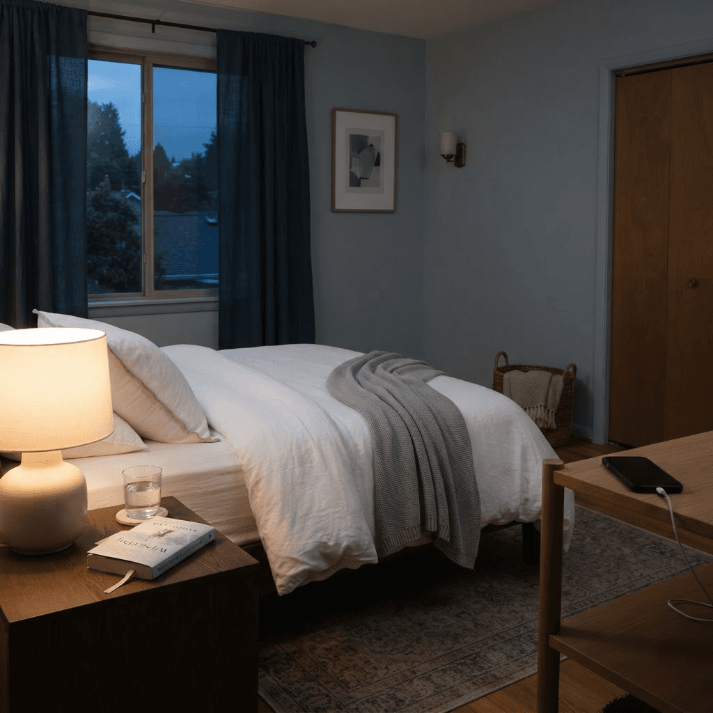Tidy bedroom at dusk with turned-down white bedding, dim lamp, book and water on the bedside table and phone face down across the room