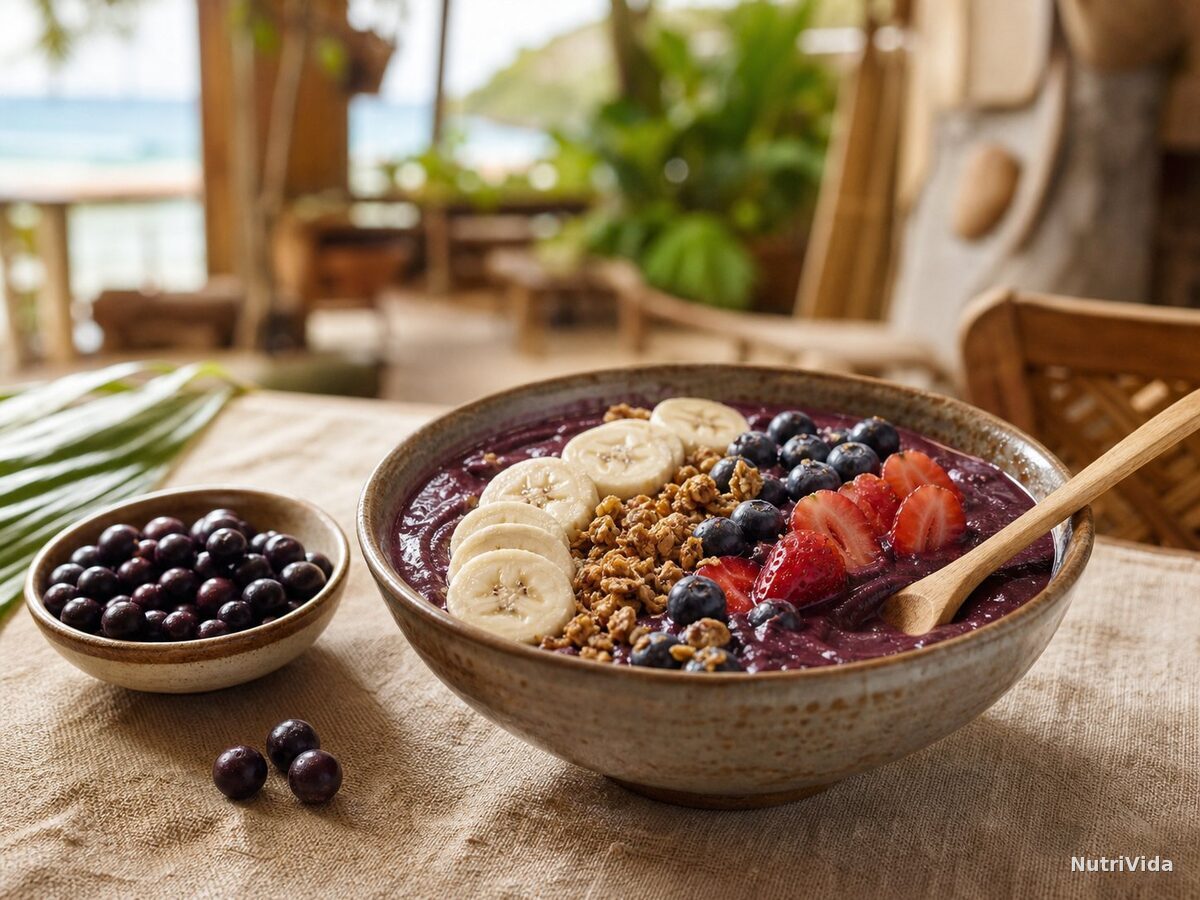 Tigela de açaí cremoso com banana, granola e frutas vermelhas, ao lado de uma tigela com caroços de açaí frescos