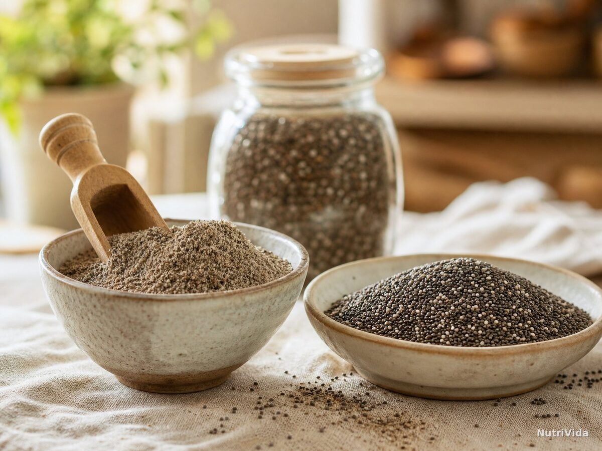 Tigela de cerâmica rústica com farinha de chia moída ao lado de outra com sementes de chia inteiras e uma colher de madeira